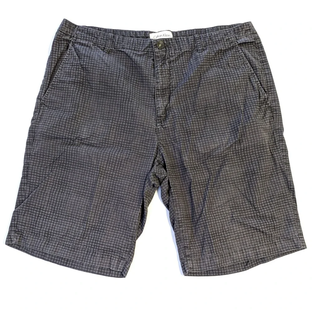 Calvin Klein Mens Grey Black Grid Pattern Cotton Shorts Size 36 Flat Casual